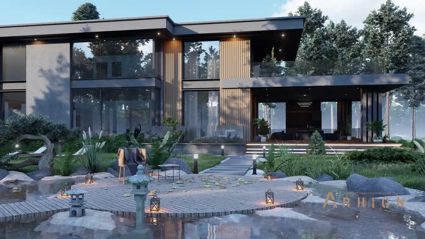 5. Проект двухэтажного дома в стиле хай-тек с плоской кровлей , H-067, площадью - 714 кв c сауной, терассой, балконом, гаражом, бассейном